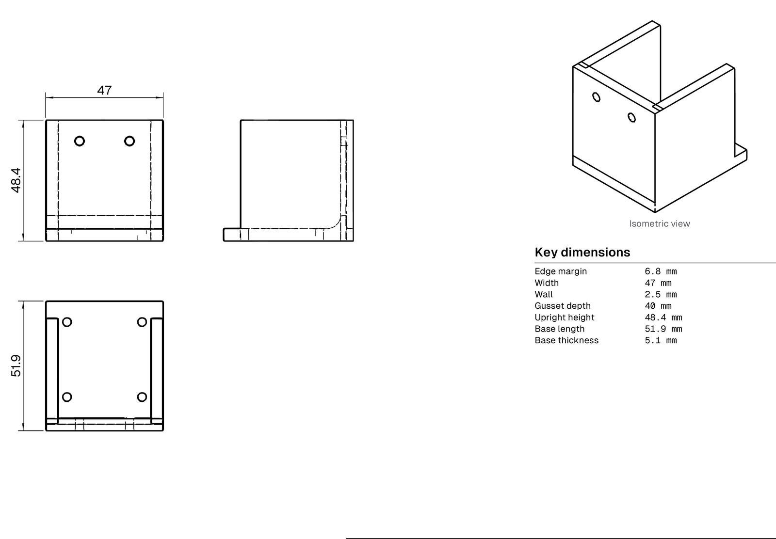 Engineering drawing: three views, isometric, key dimensions and title block